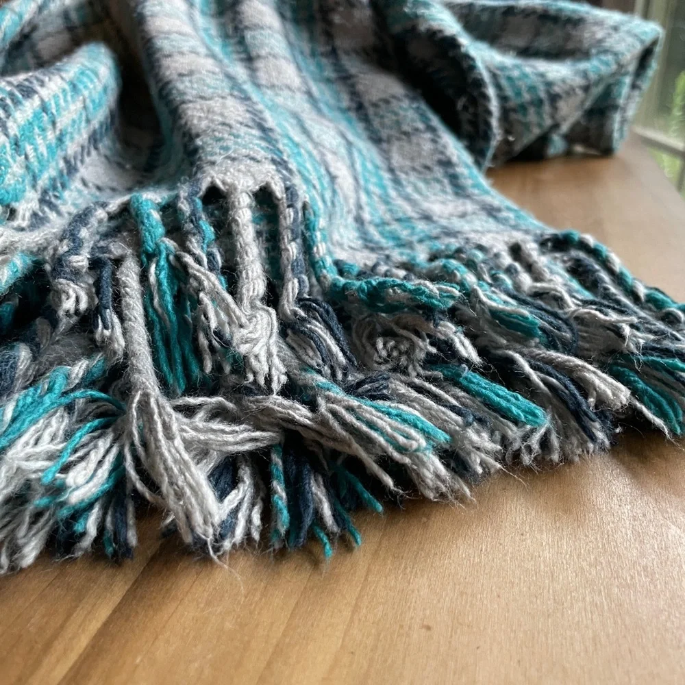 West Elm Plaid Fringe Throw Blanket | 50x70in | Blue & Gray